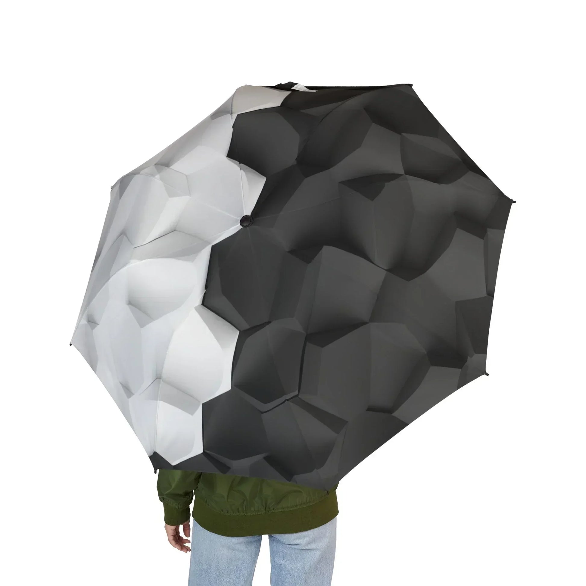 Black and White Geometric Pattern Semi-Automatic Umbrella – Stylish Rain Protection - KarArmDesign