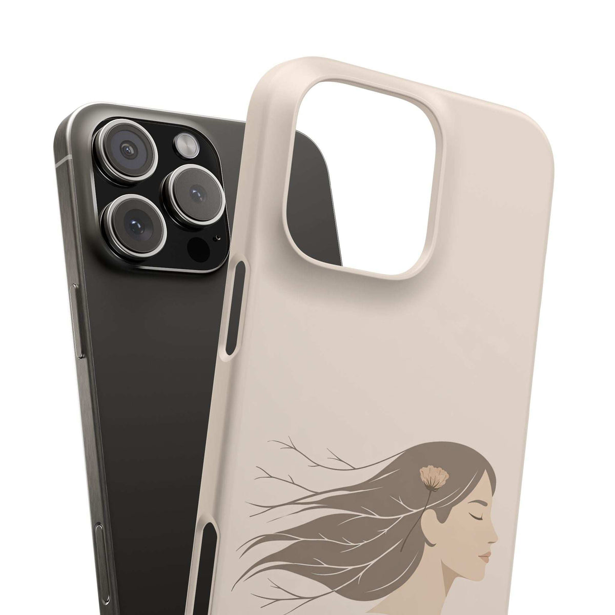 Pair of phone cases: beige with line art woman, and dark case behind, camera cutouts