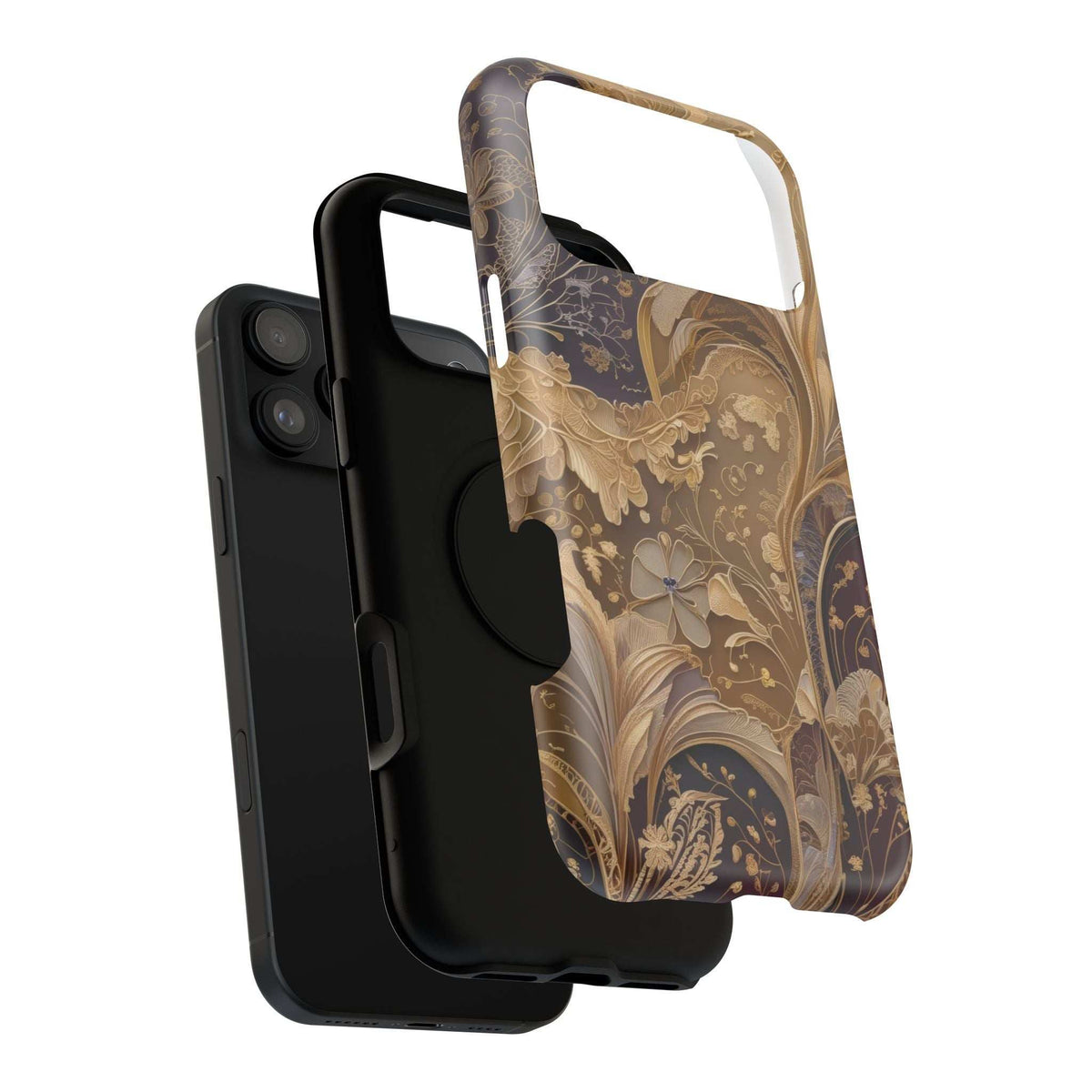 Botanical phone case back view with gold floral art, camera openings, raised bezel