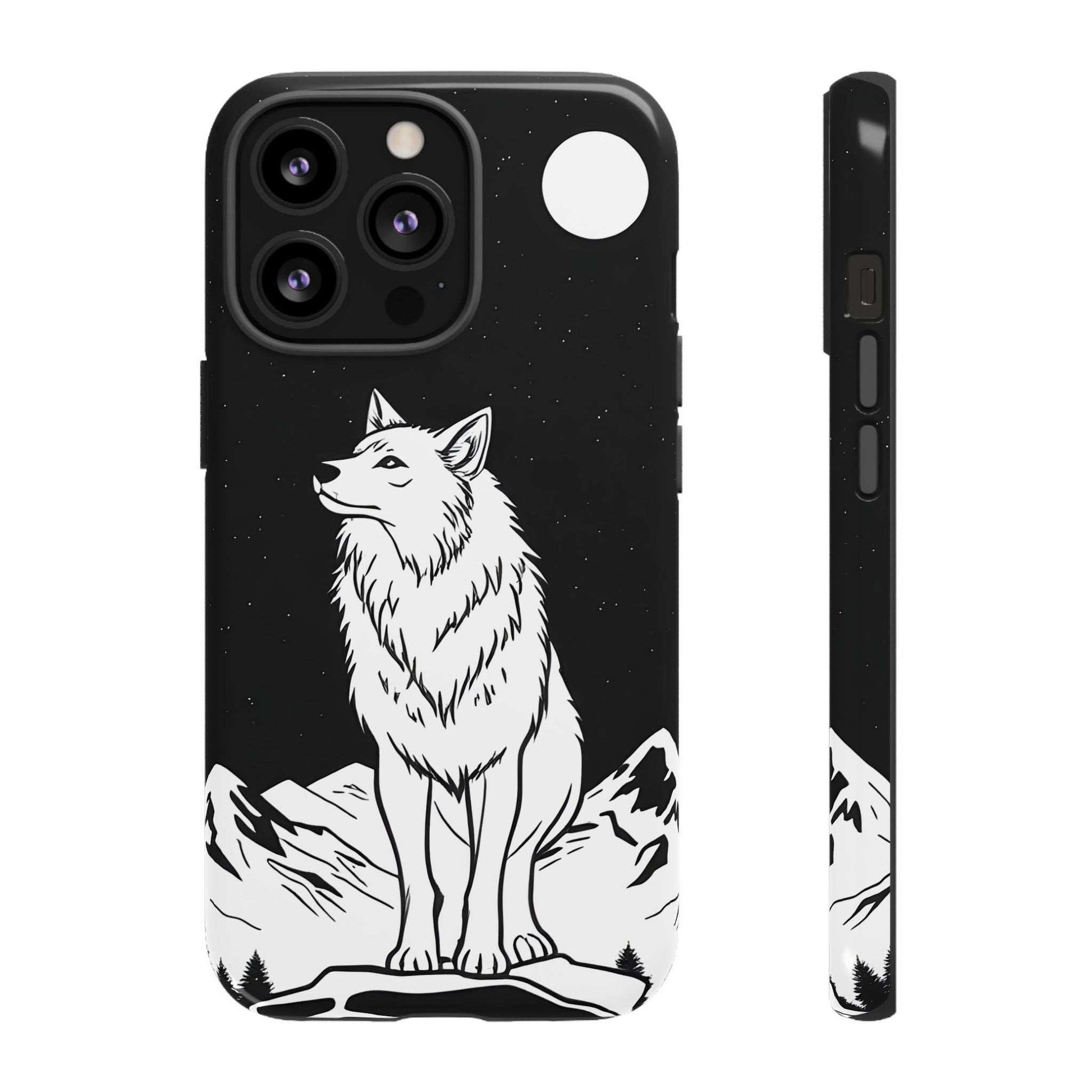 Wolf phone case, black with white wolf art and star speckles; camera cutouts visible