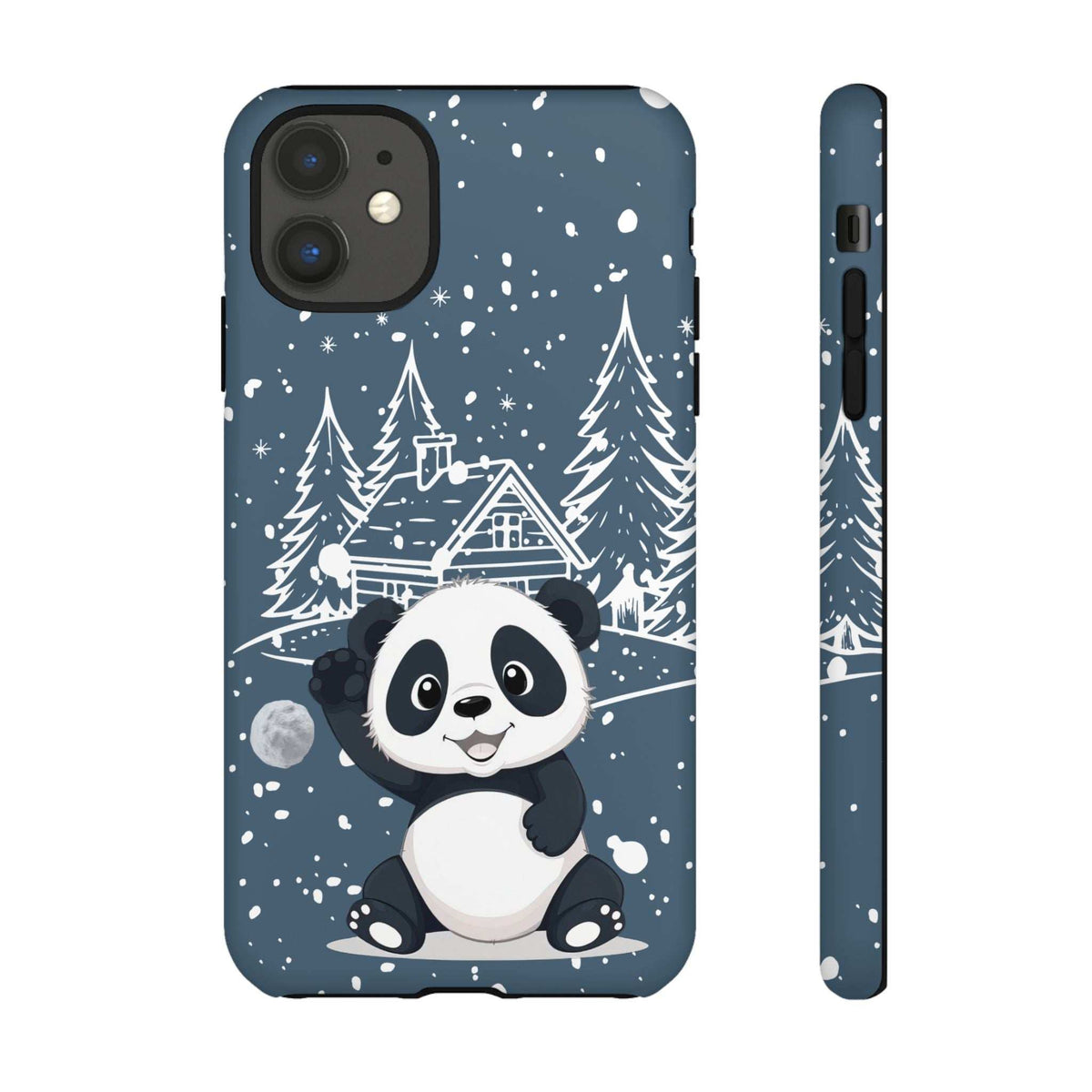 Dark blue iPhone phone case with cute panda sitting in snow among pine trees and cottage.