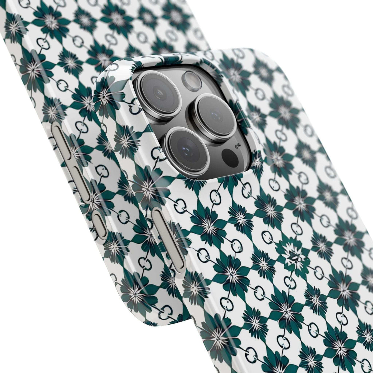 Angled close-up of teal floral geometric phone case with multi-camera cutouts