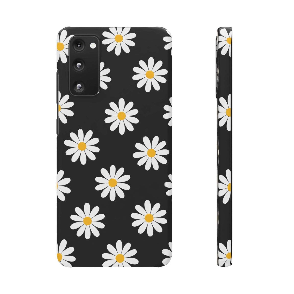 Black phone case with white daisies and yellow centers; back and slim side profile.
