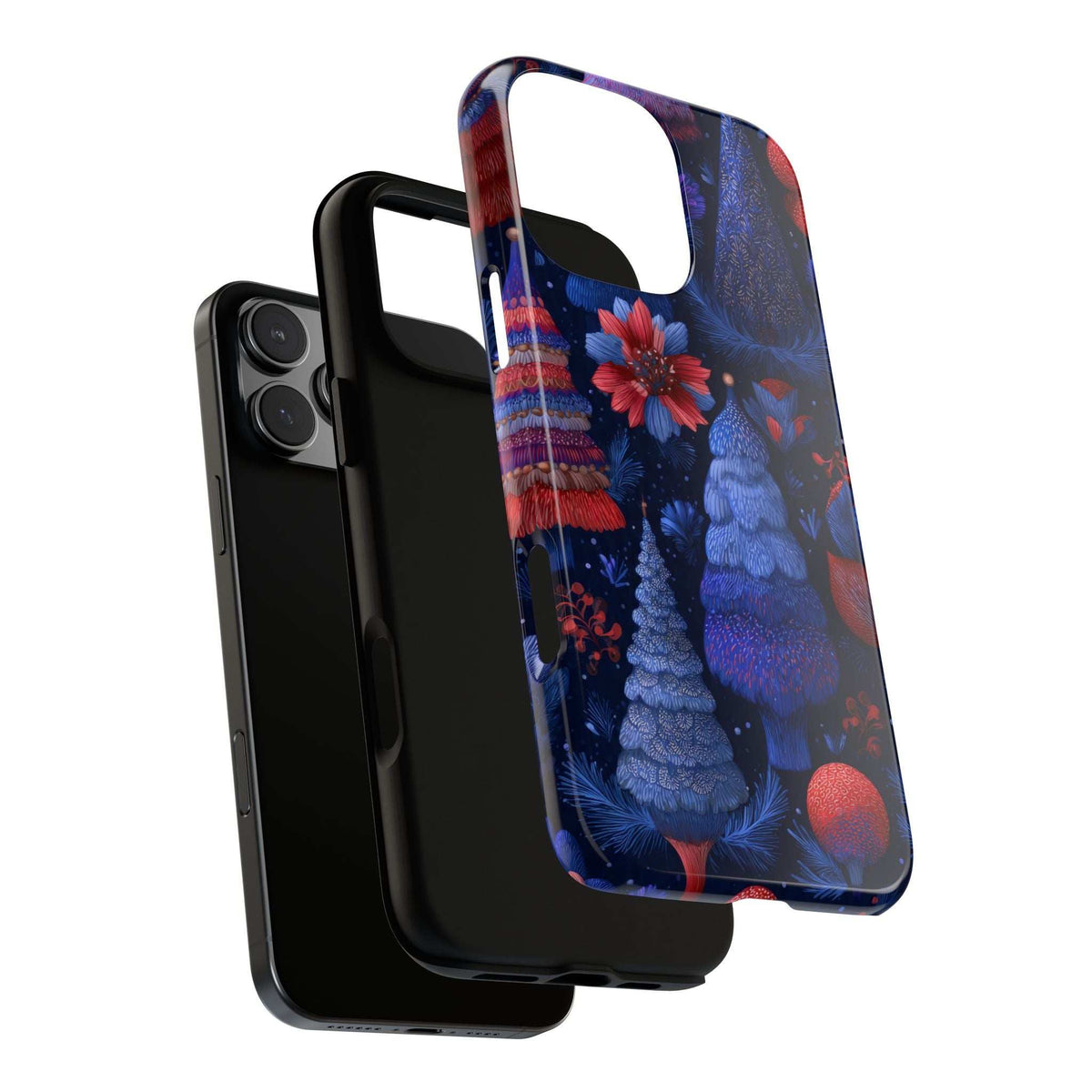 Glossy phone case with midnight blue forest artwork, showing slim edge and raised corners.