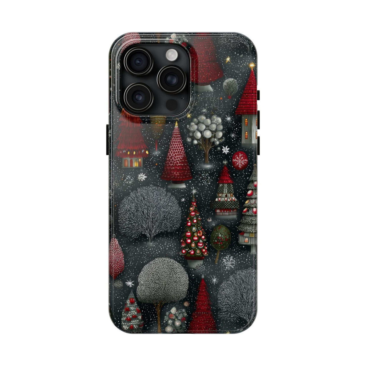 Frosted phone case with dark winter village design, snow trees, red ornaments, and glowing lights