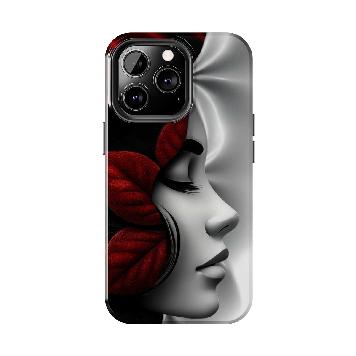 Phone case with grayscale face and burgundy flower, dual-device fit for iPhone/Galaxy