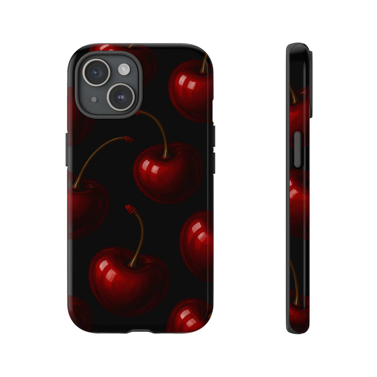 Cherry phone case with glossy finish, black back, red cherries pattern, side button openings.