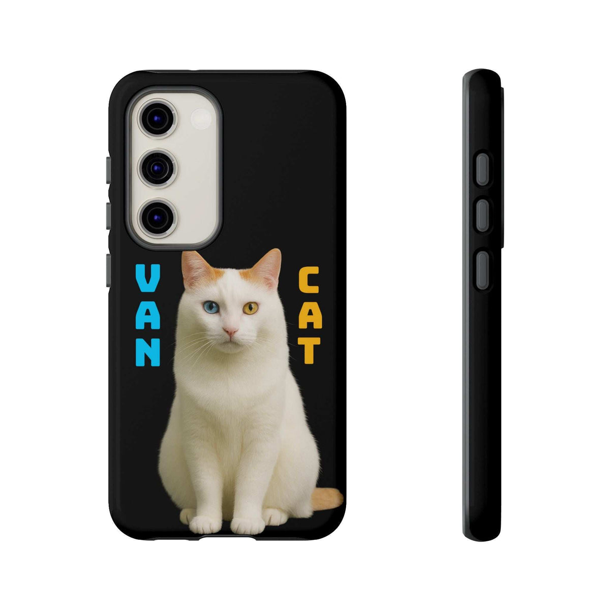Glossy black phone case with white cat graphic and VAN CAT lettering, triple-lens camera cutout