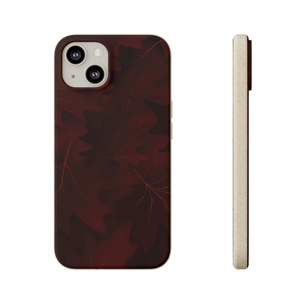 Dark red autumn leaf phone case with triple lens cutout and raised bezel; thin side.