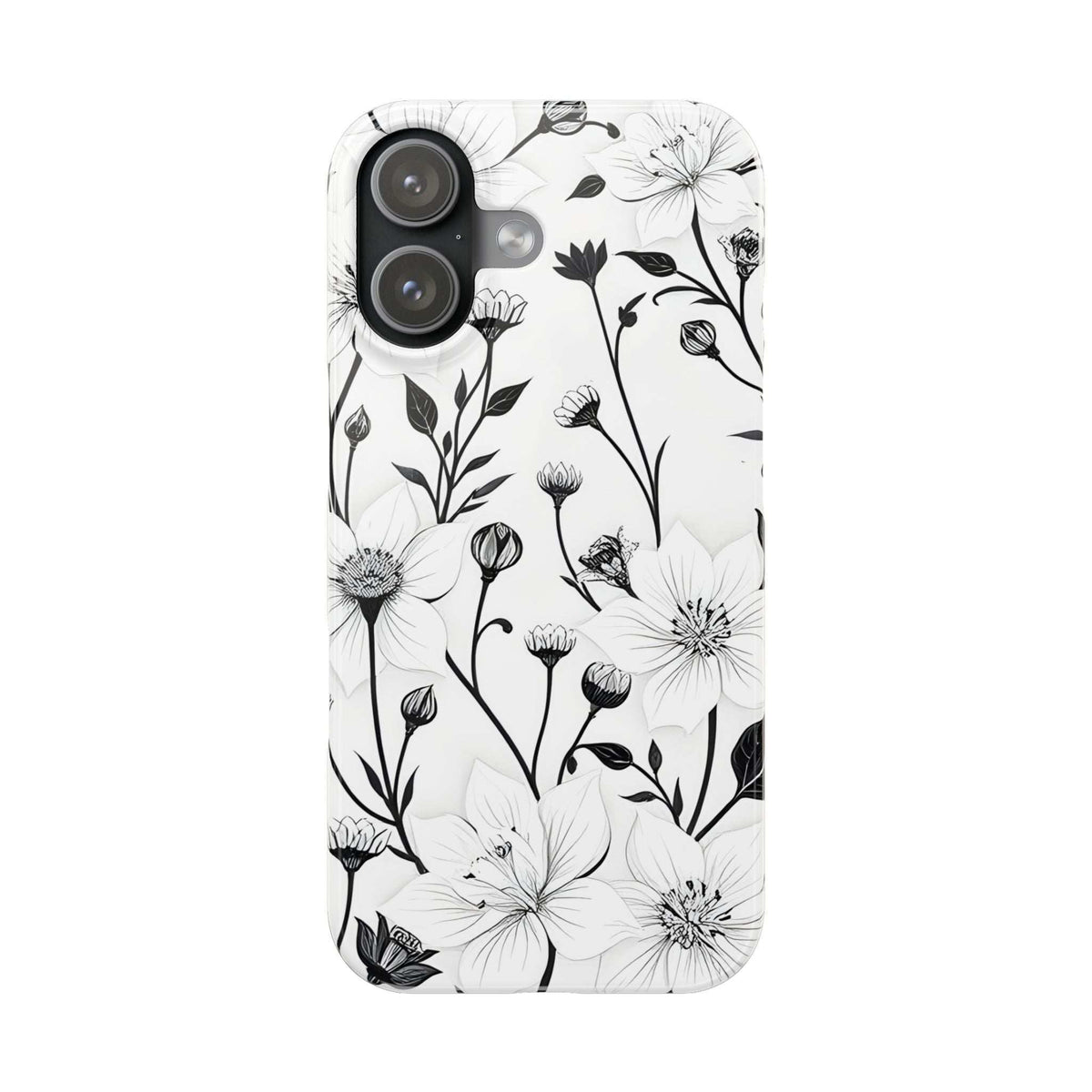 Monochrome floral phone case with dual camera lenses and flower pattern detail.