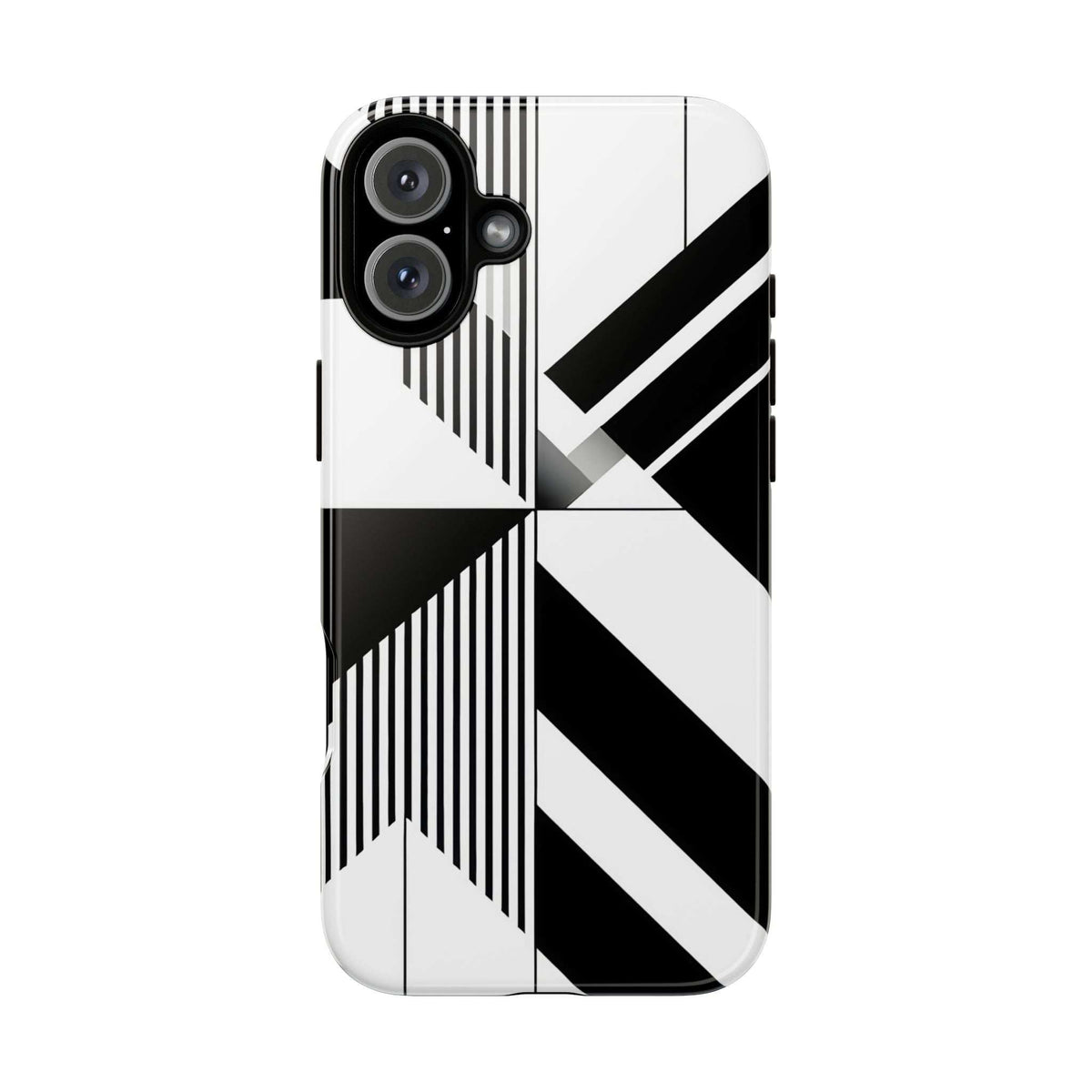 Tough phone case with black-and-white graphic print and four camera lens openings