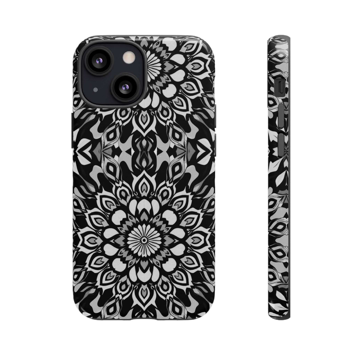 Mandala phone case with black-and-white mandala pattern, front and side profile