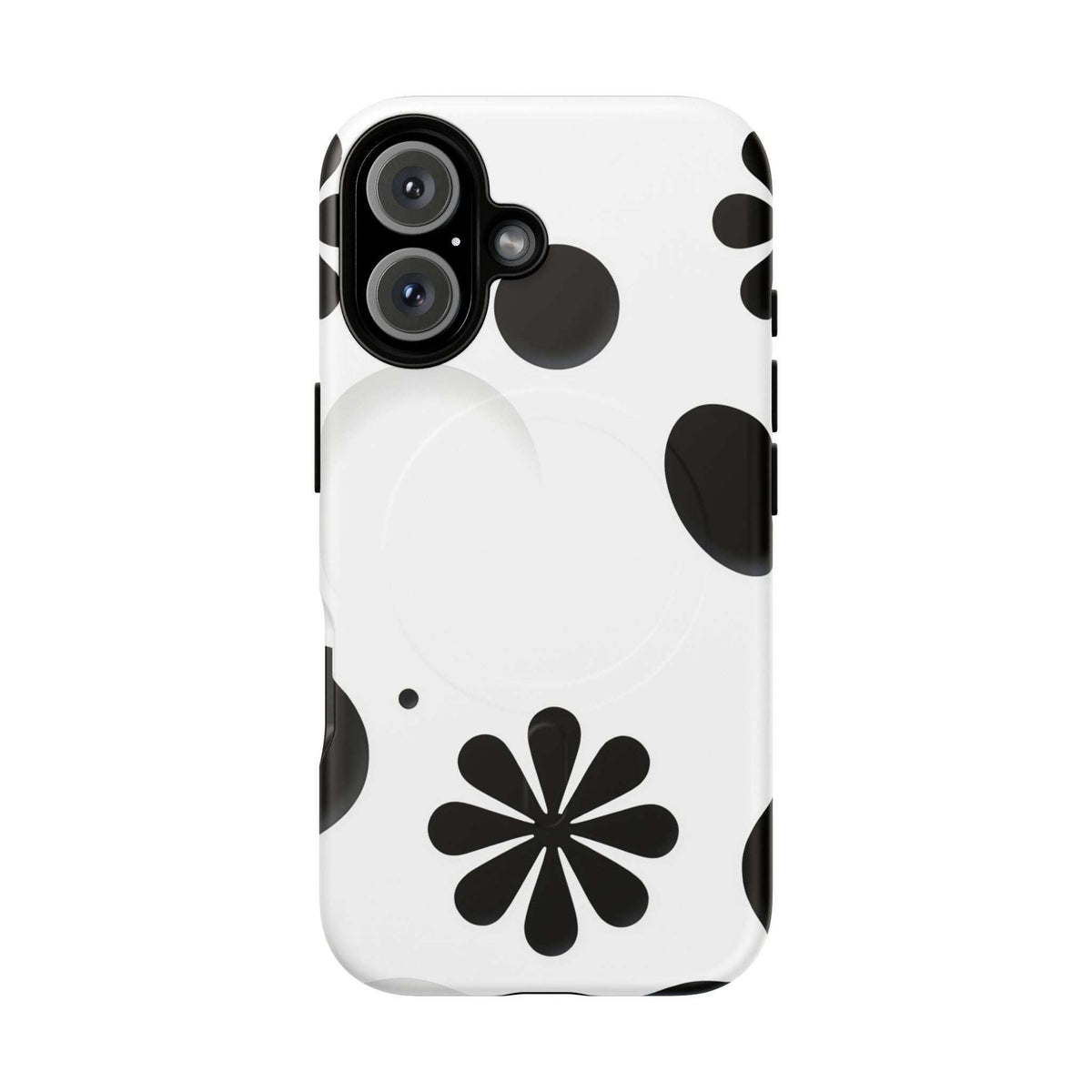 Phone case with black flower design on white, side buttons and camera cutouts
