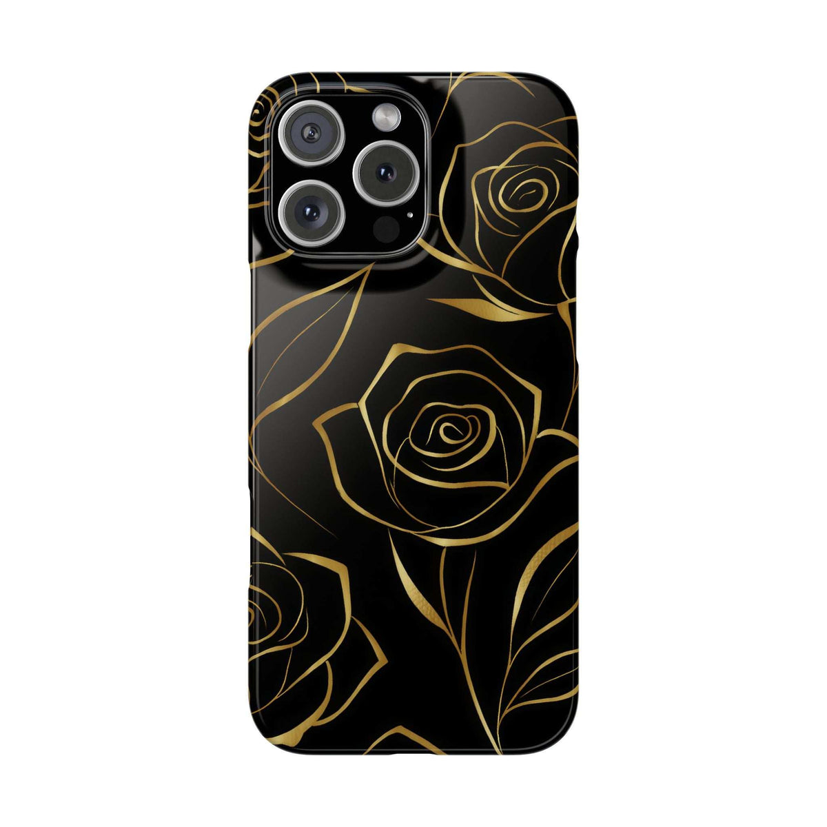 Black phone case with gold rose pattern, back view with camera cluster and buttons.