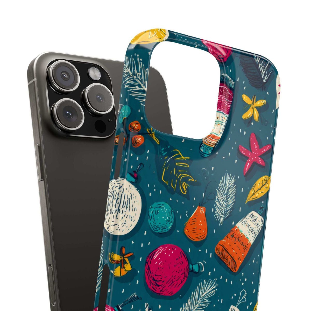 Teal winter phone case with large camera cutout and holiday ornament starfish pattern