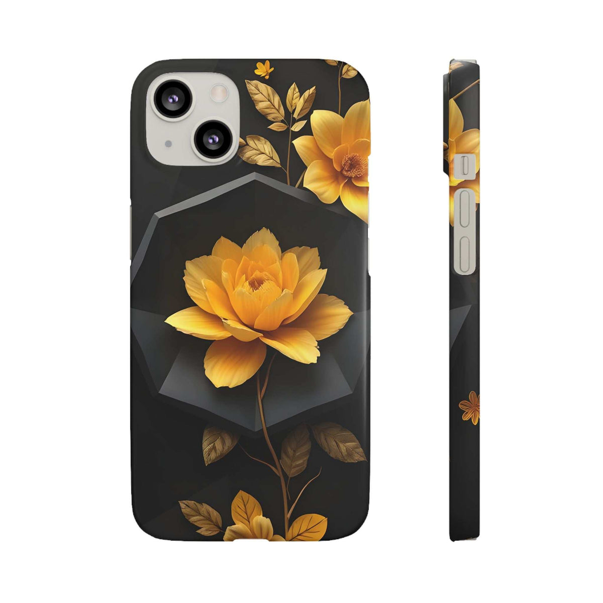 Black phone case with yellow peony-style bloom and leaf accents, camera openings visible.