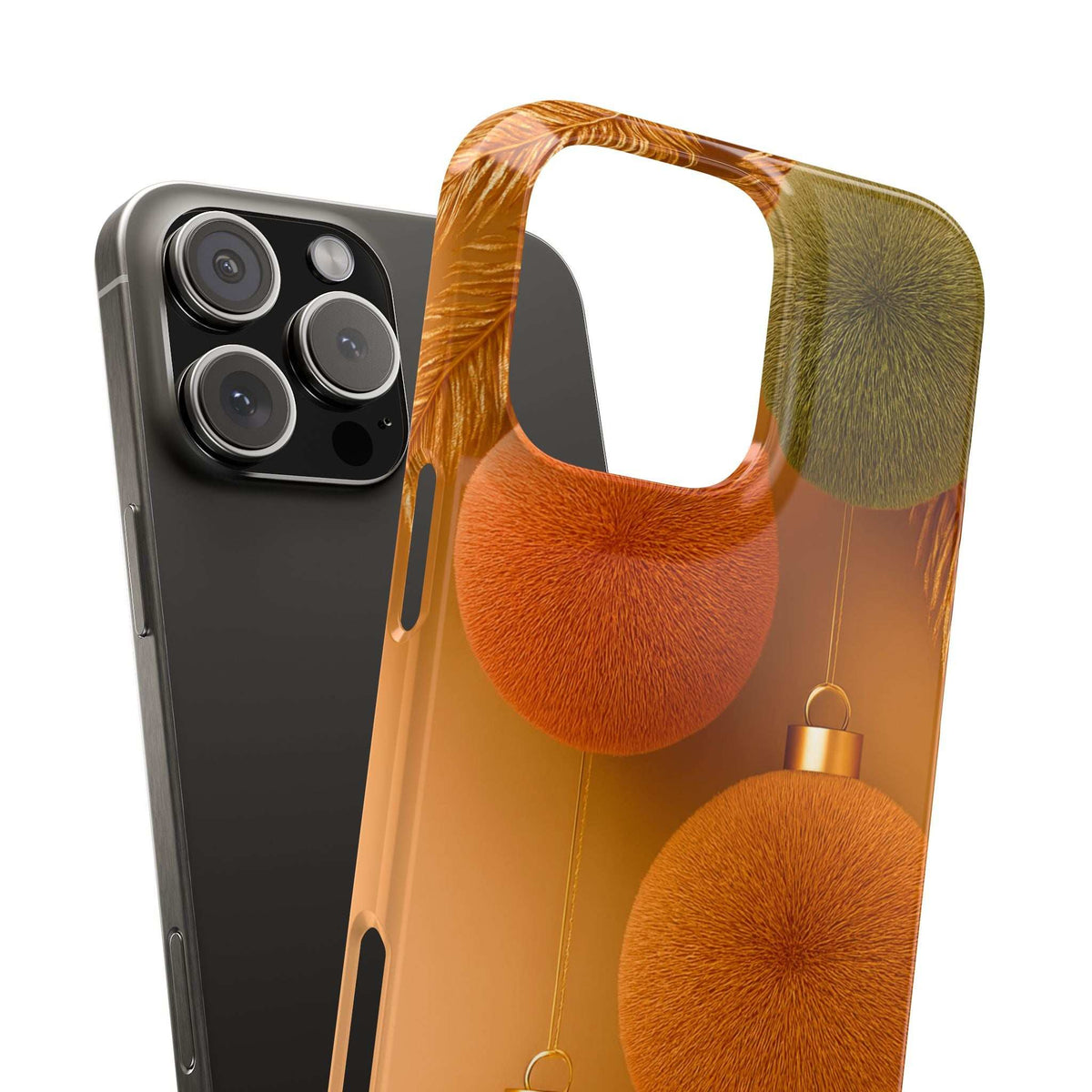 Phone case close-up with pom-pom ornament graphics; front camera cutout and raised frame detail.