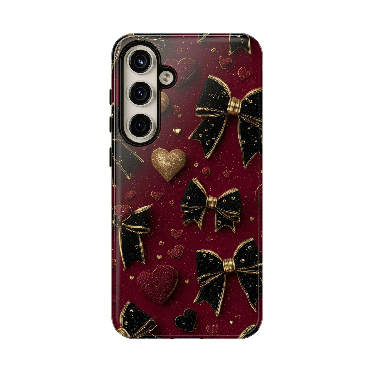 Burgundy glitter velvet phone case with gold hearts and bows; rear camera openings.