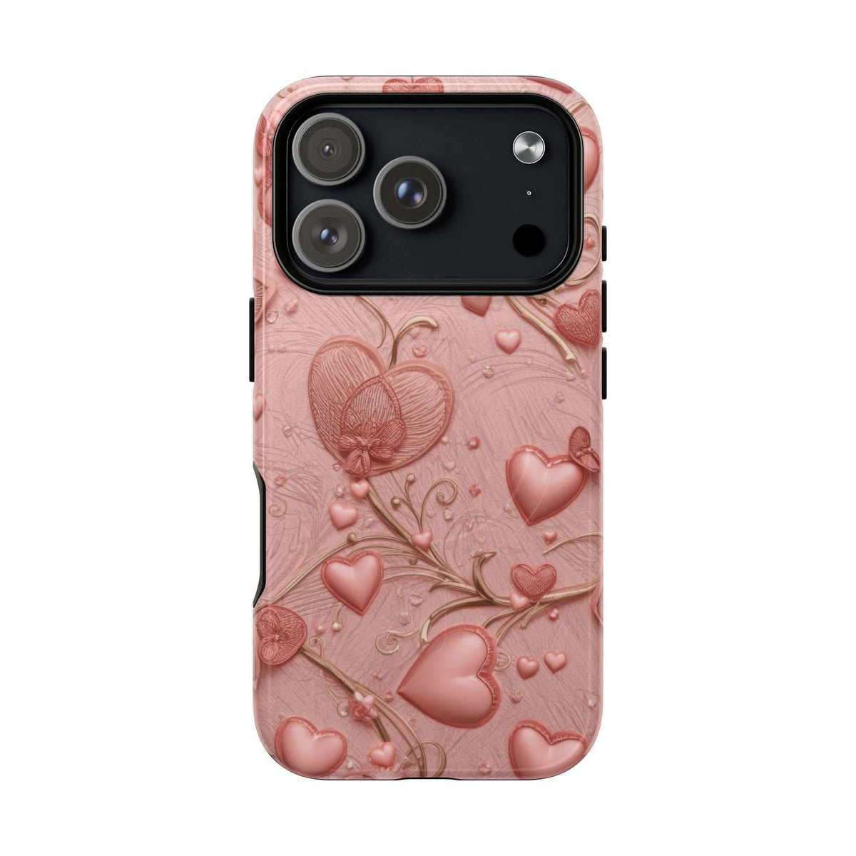 iPhone 13-17 phone case with pink heart and butterfly pattern, raised design and camera cutouts