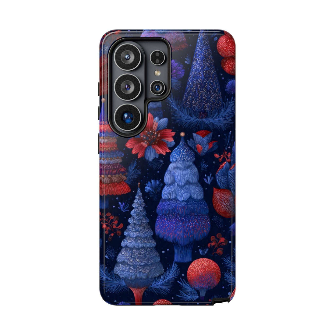 Glossy midnight blue phone case with Christmas forest trees, red ornaments, and floral accents.