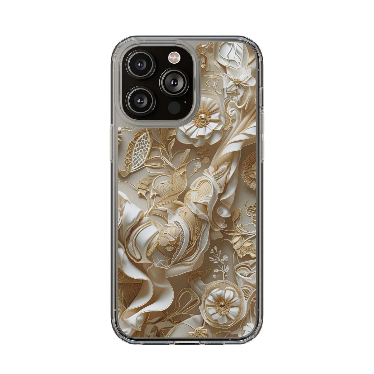 Clear phone case with gold-and-cream floral pattern, quad-lens camera cutout