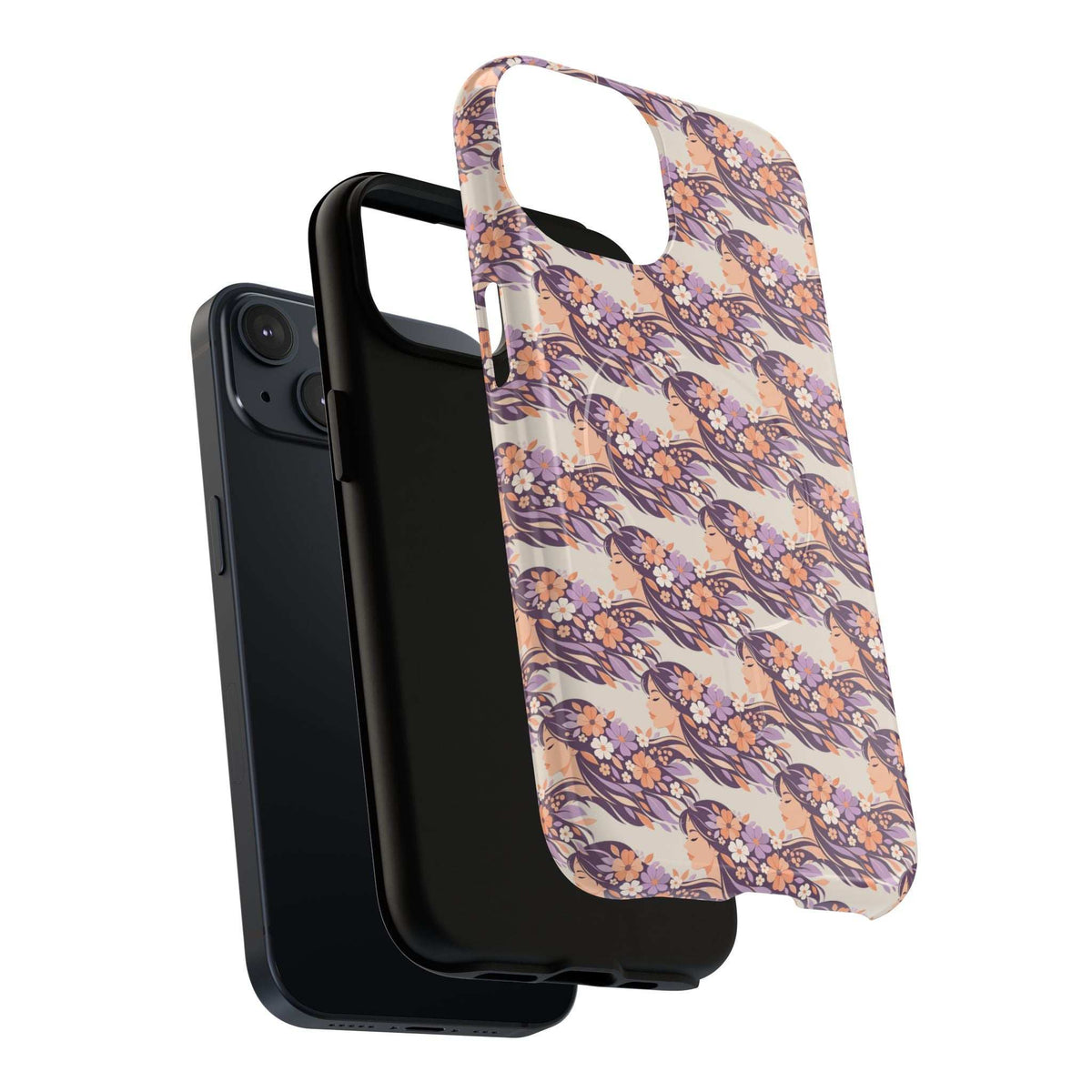 Floral phone case with peach and purple blossoms, smooth back with front screen opening