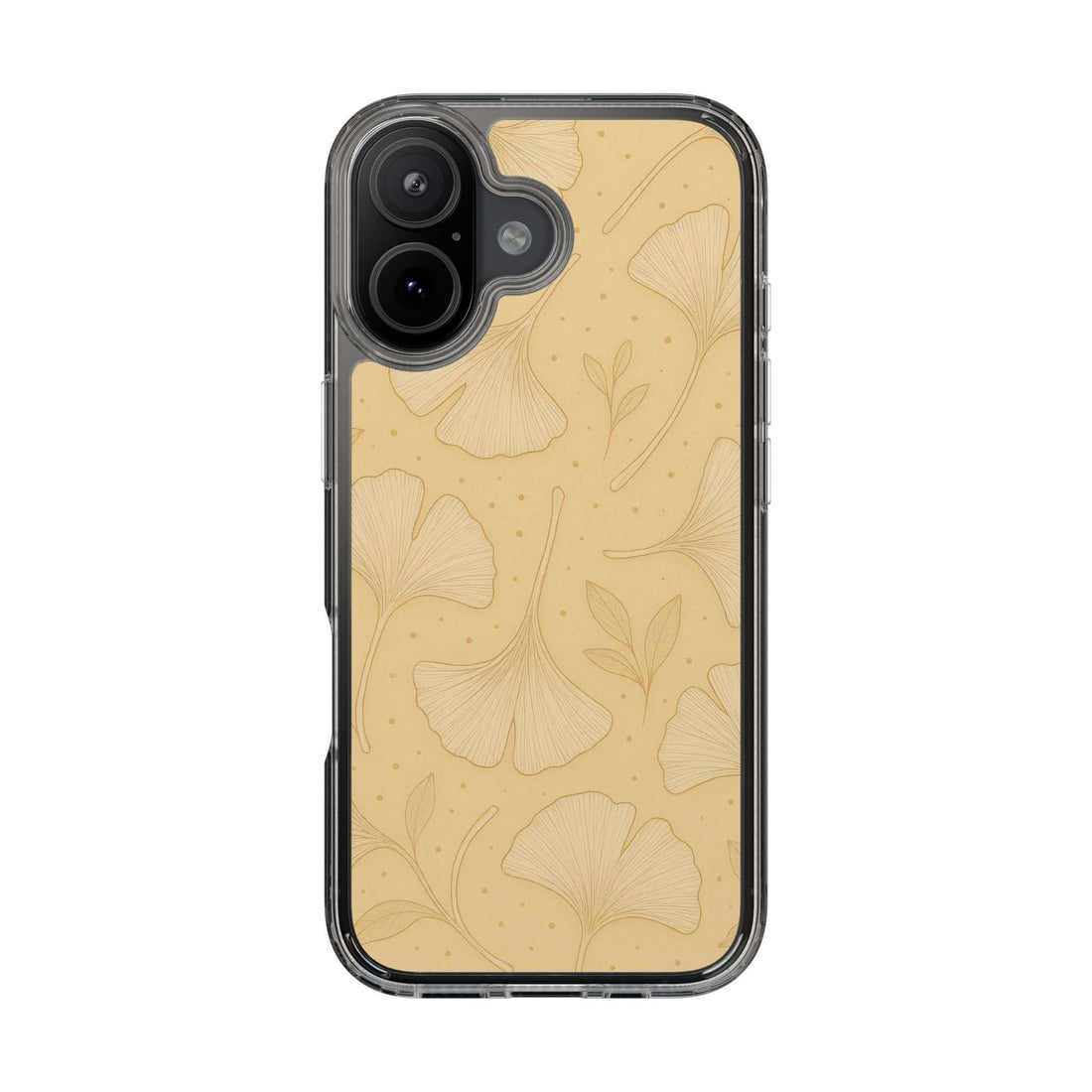 Beige ginkgo floral phone case with transparent sides and separate camera cutouts