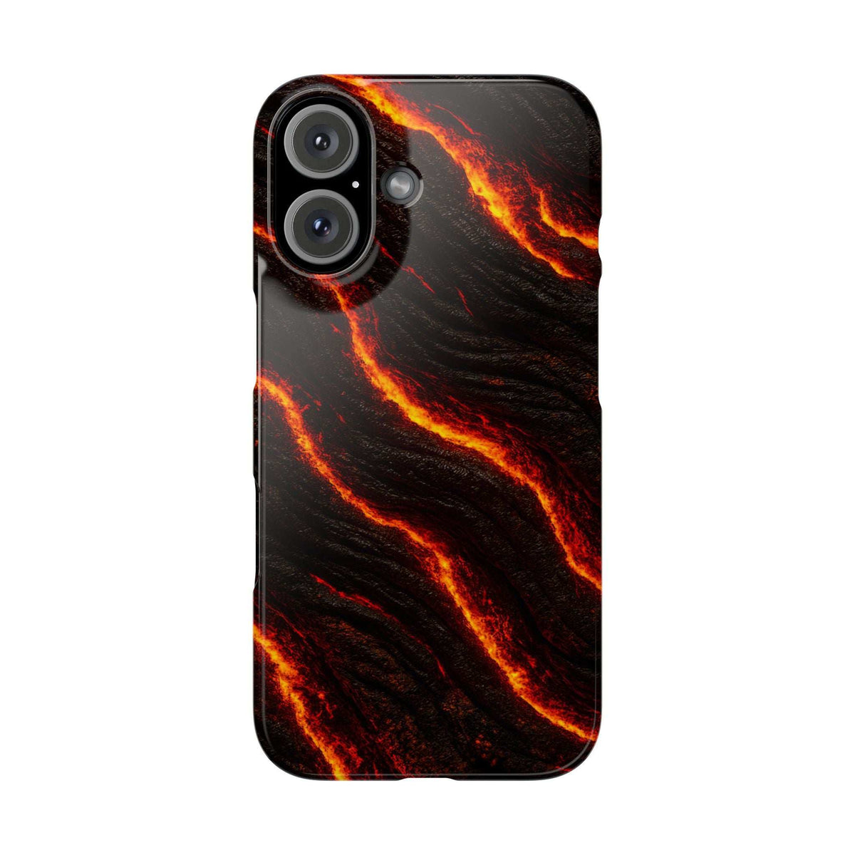 Black lava phone case with orange glowing swirl design and dual camera cutouts.