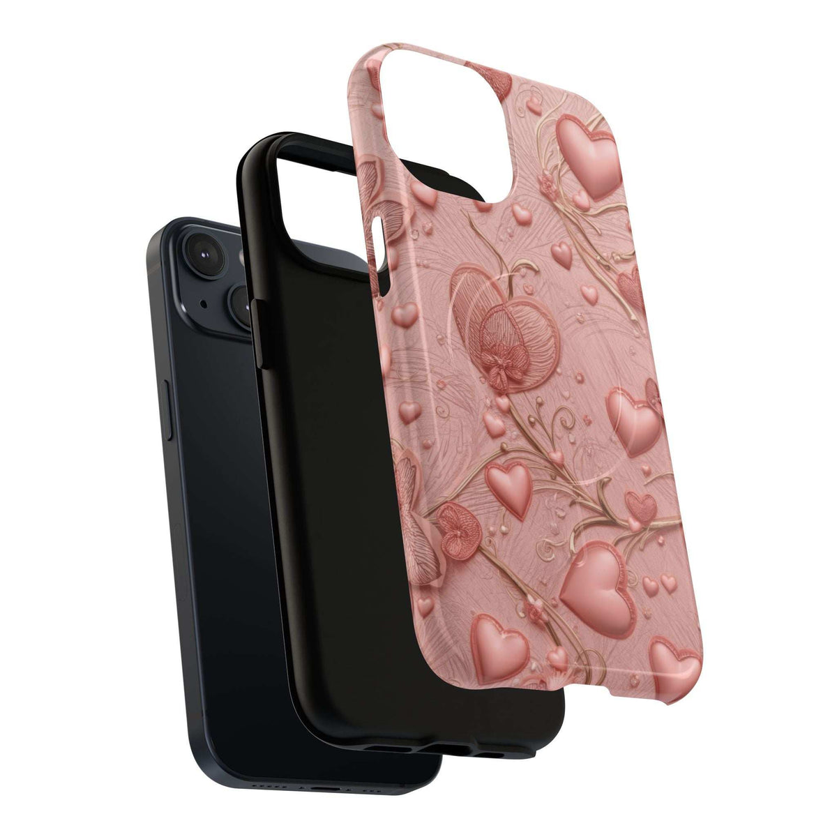 Pink phone case with raised hearts and decorative vines, back camera and flash cutouts