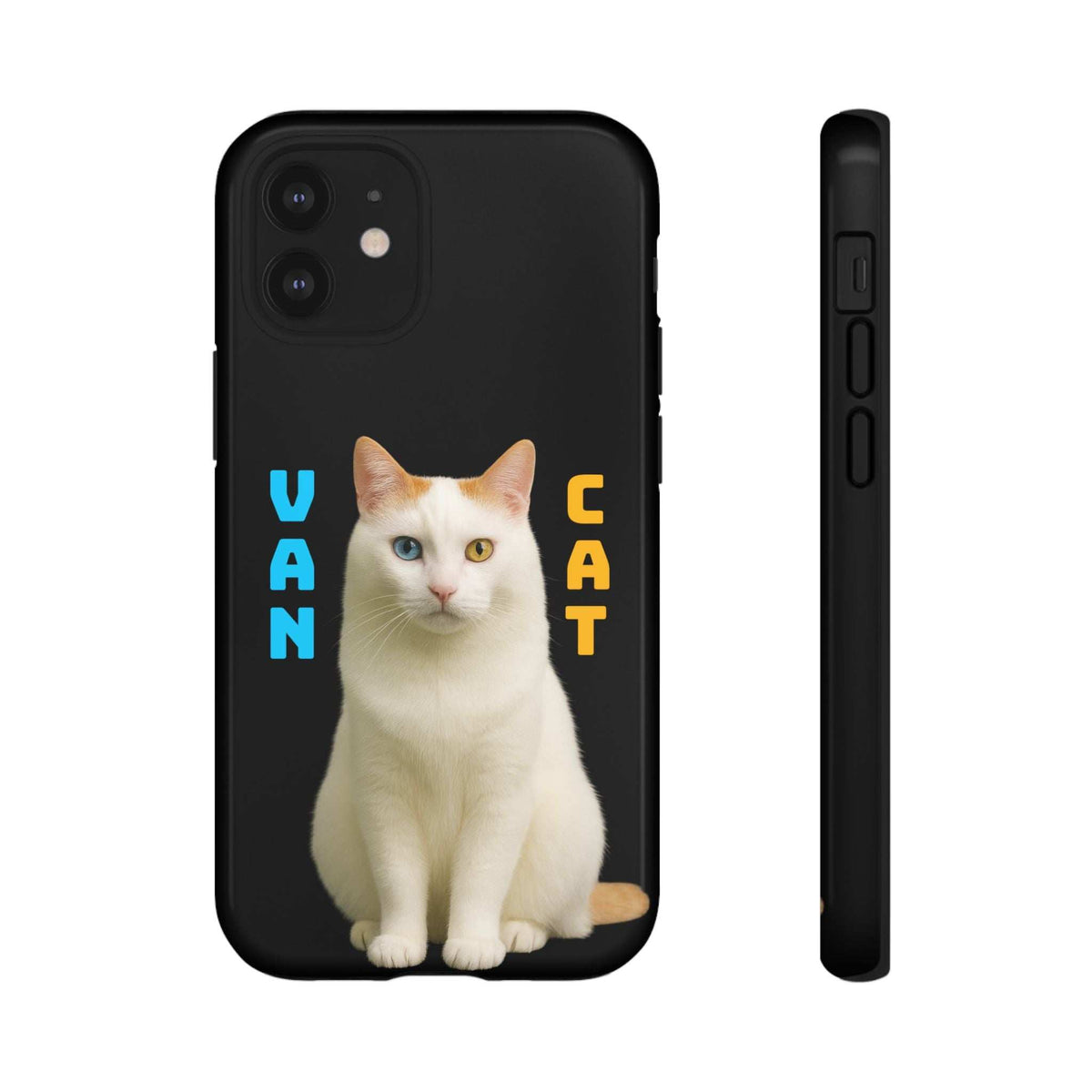 Black phone case with cat portrait print and side buttons, glossy finish