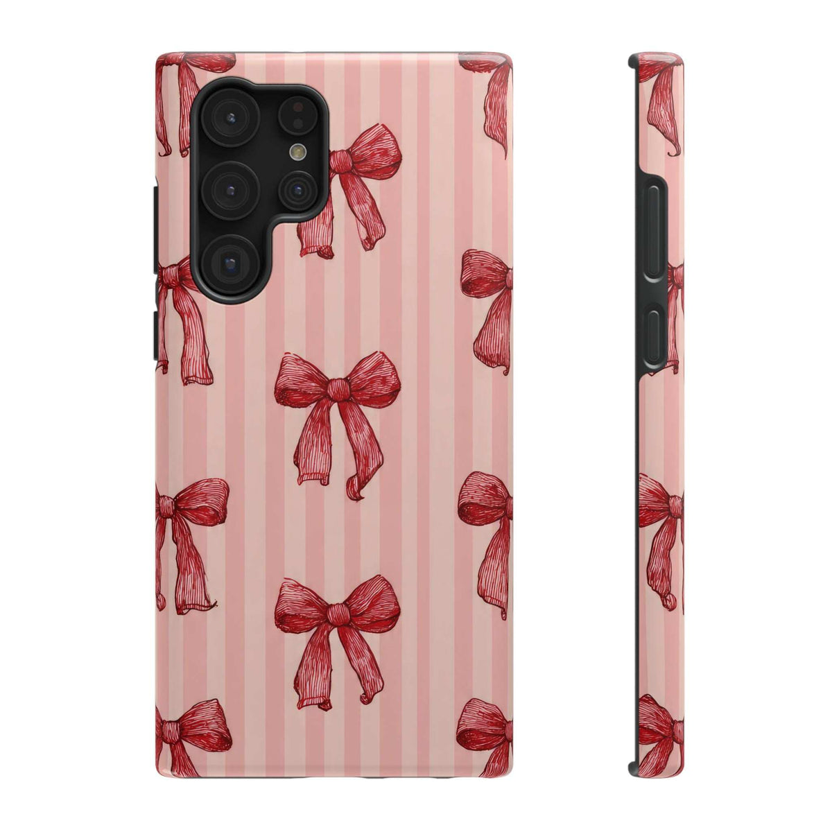 Pink striped phone case with red bow pattern; black camera module with lens openings
