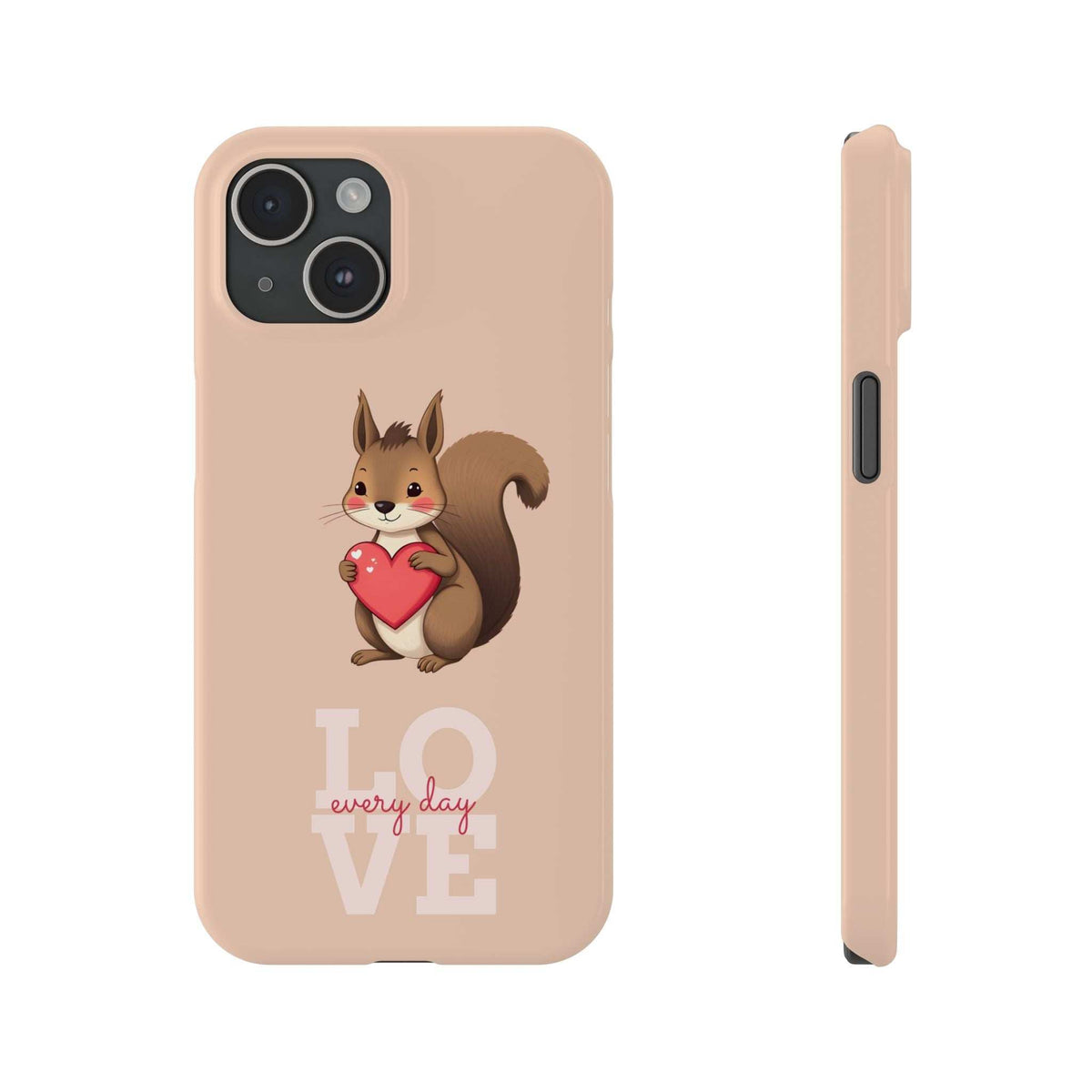 Light pink phone case with squirrel holding a red heart, LOVE graphic, and camera cutout