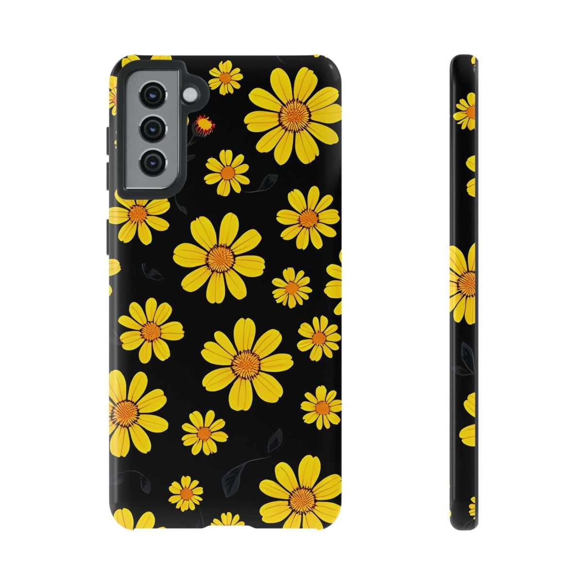 Phone case with black background and yellow daisy floral pattern, rear camera cutouts