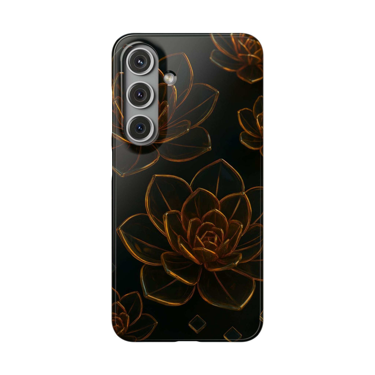 Glossy black glass phone case featuring gold-brown lotus pattern and camera cutout