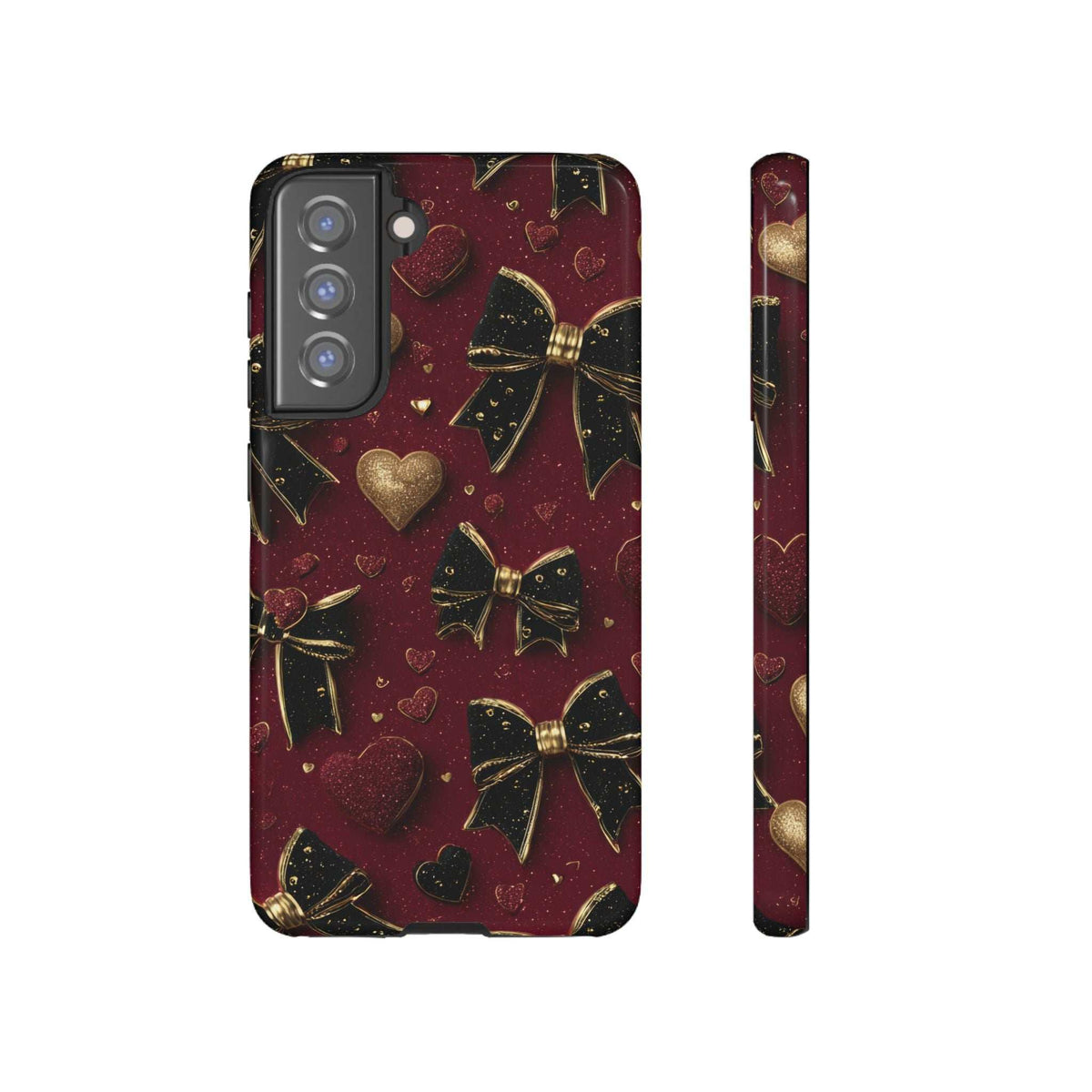 Burgundy glossy phone case with gold bows and hearts, back view with slim side