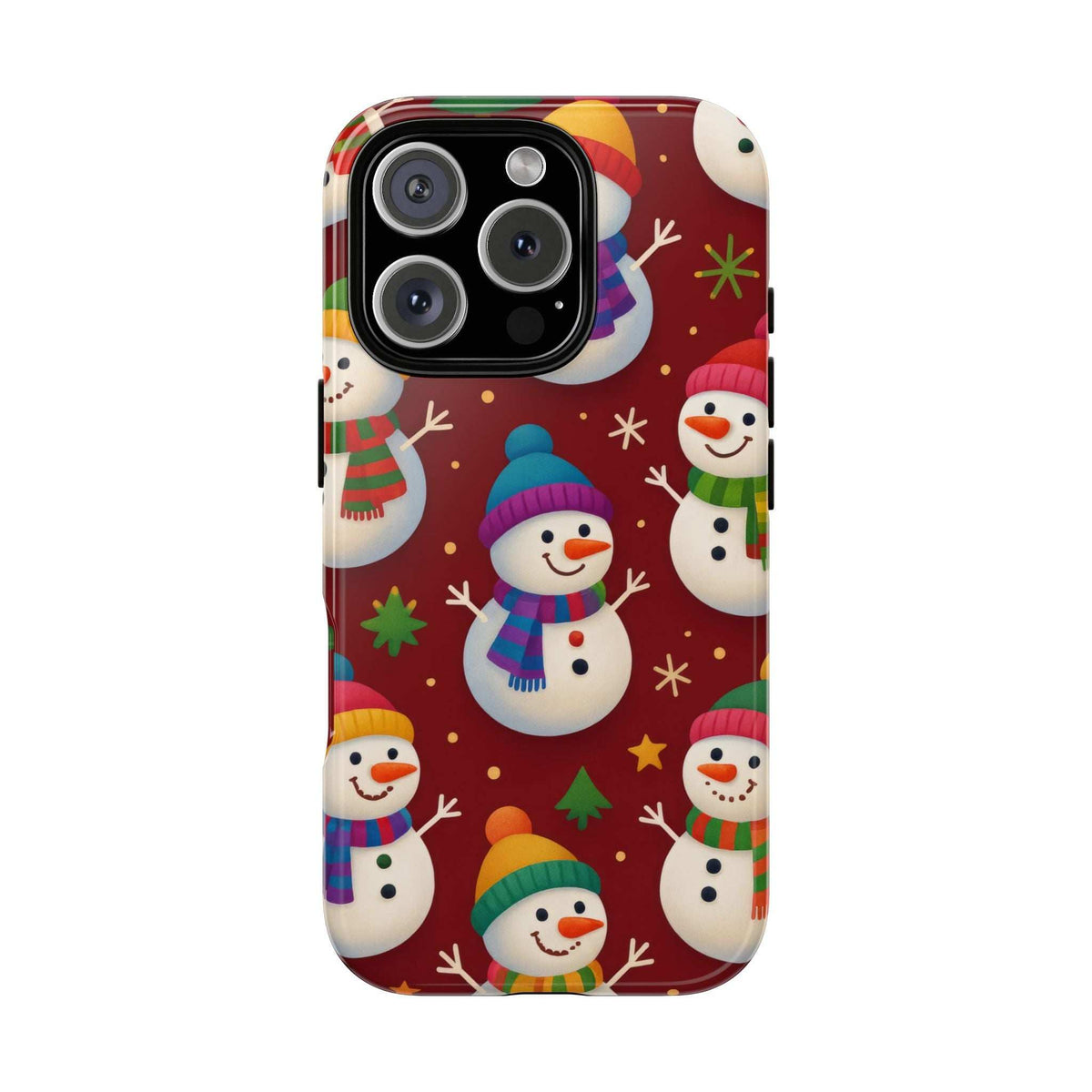 Glossy phone case front close-up with maroon snowmen, hats, and scarves; multi-camera cutouts.