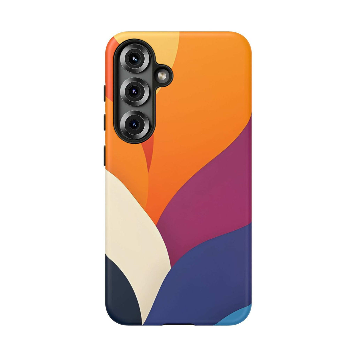 Phone case with abstract orange and magenta curves plus navy base and cream accent shapes