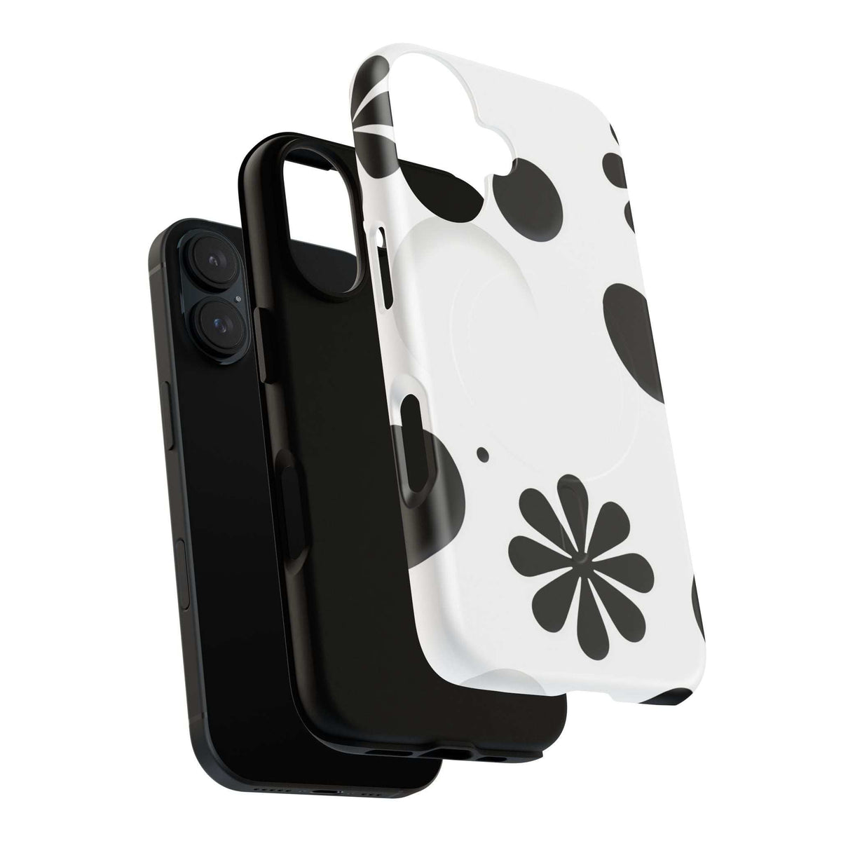 Magnetic phone case with white, black floral artwork, polka dots, and accessible side buttons.