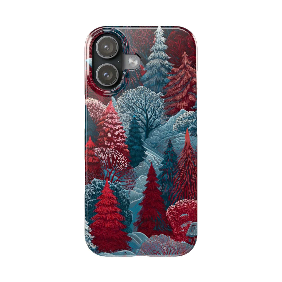 Winter forest phone case with snowy blue pines and red fir trees; camera openings