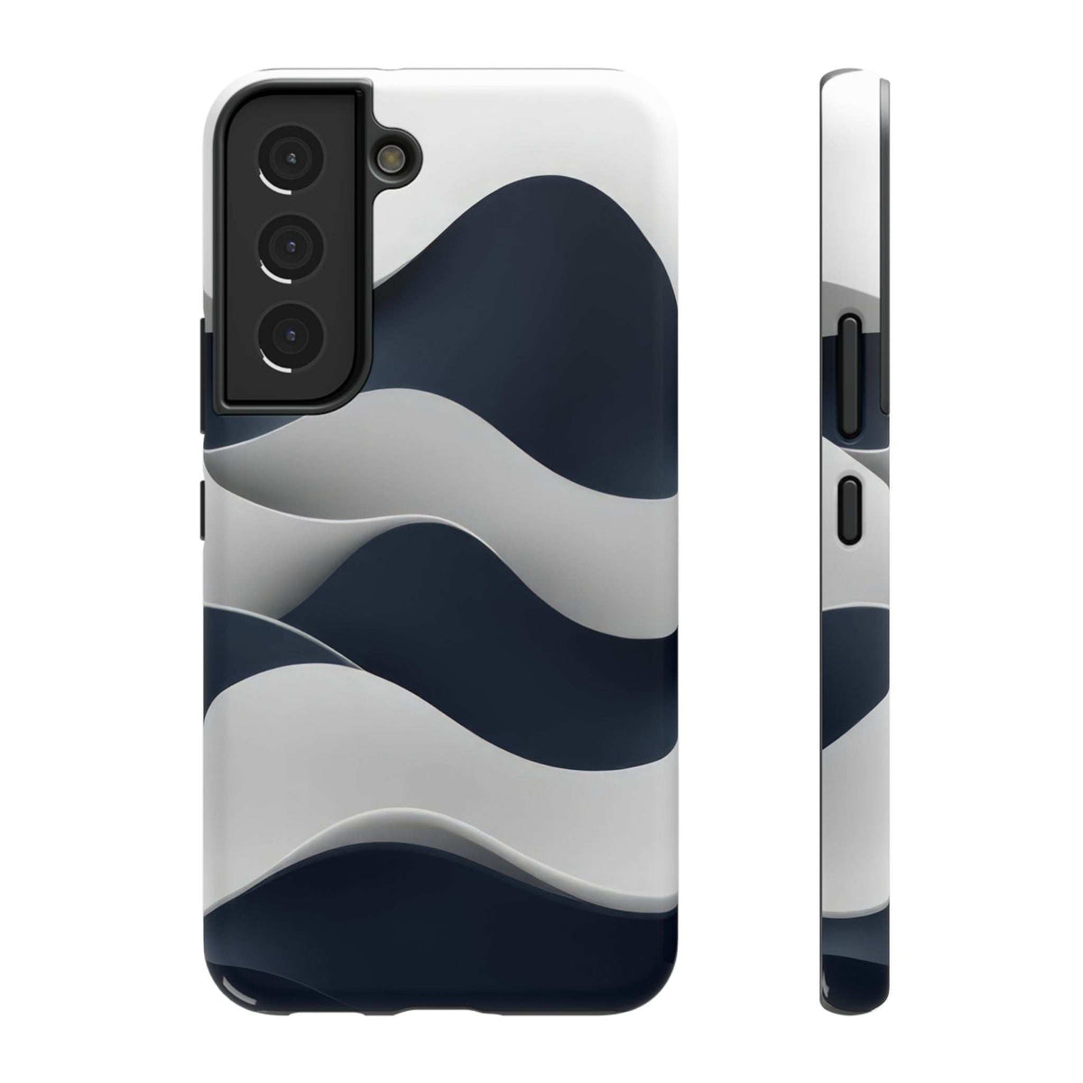 Glossy phone case side view with navy and white wave pattern; button and port cutouts