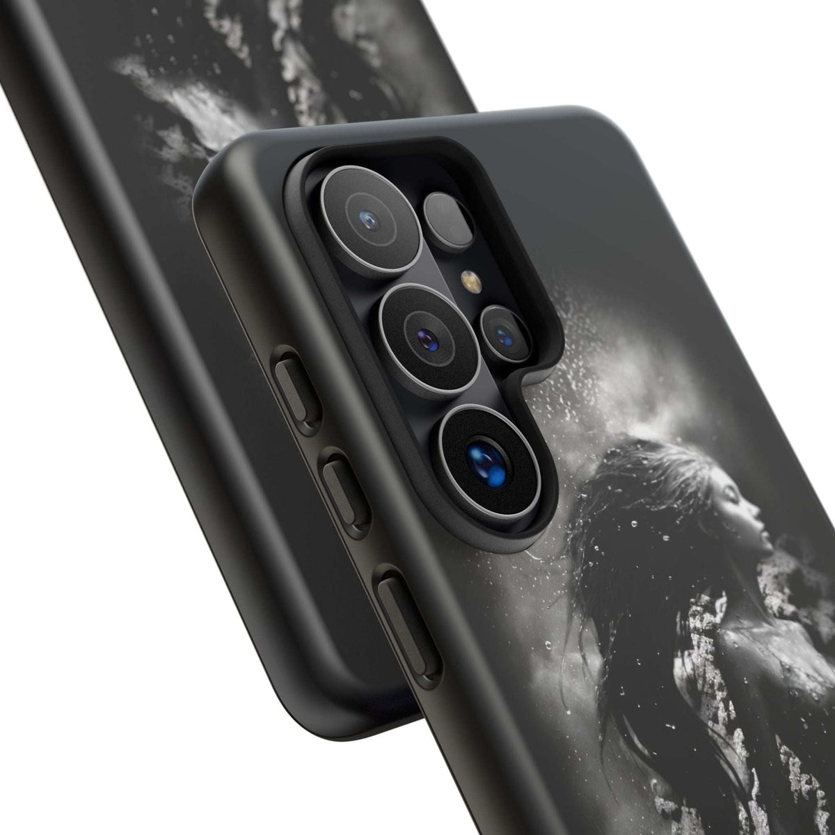 Black mermaid phone case close-up with raised camera lenses and side ports
