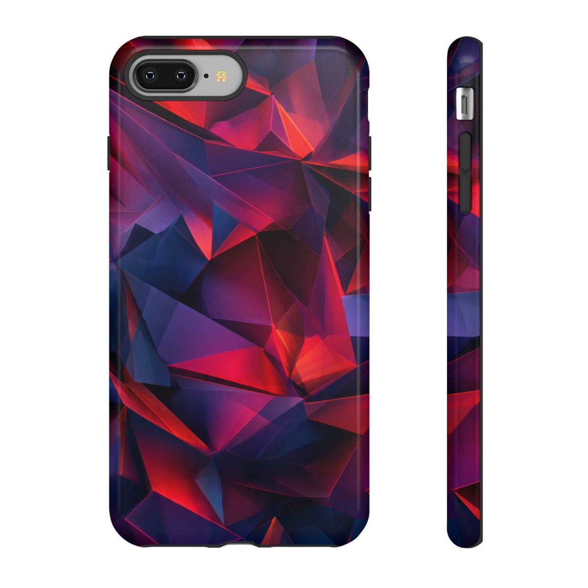 Glossy crystalline prism phone case front with camera lens cutouts, red blue facets