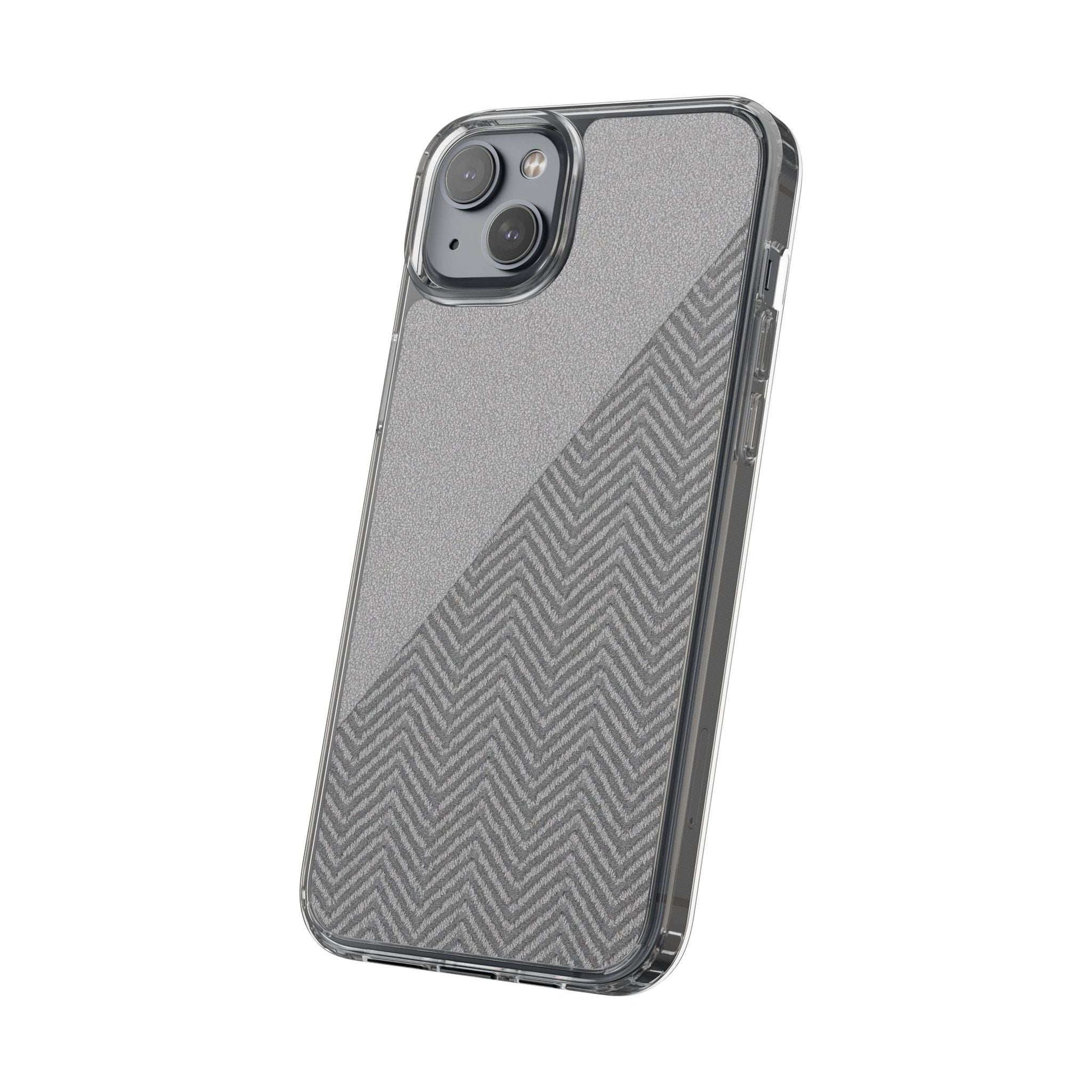 Dark herringbone tough phone case, textured gray back with herringbone stripes