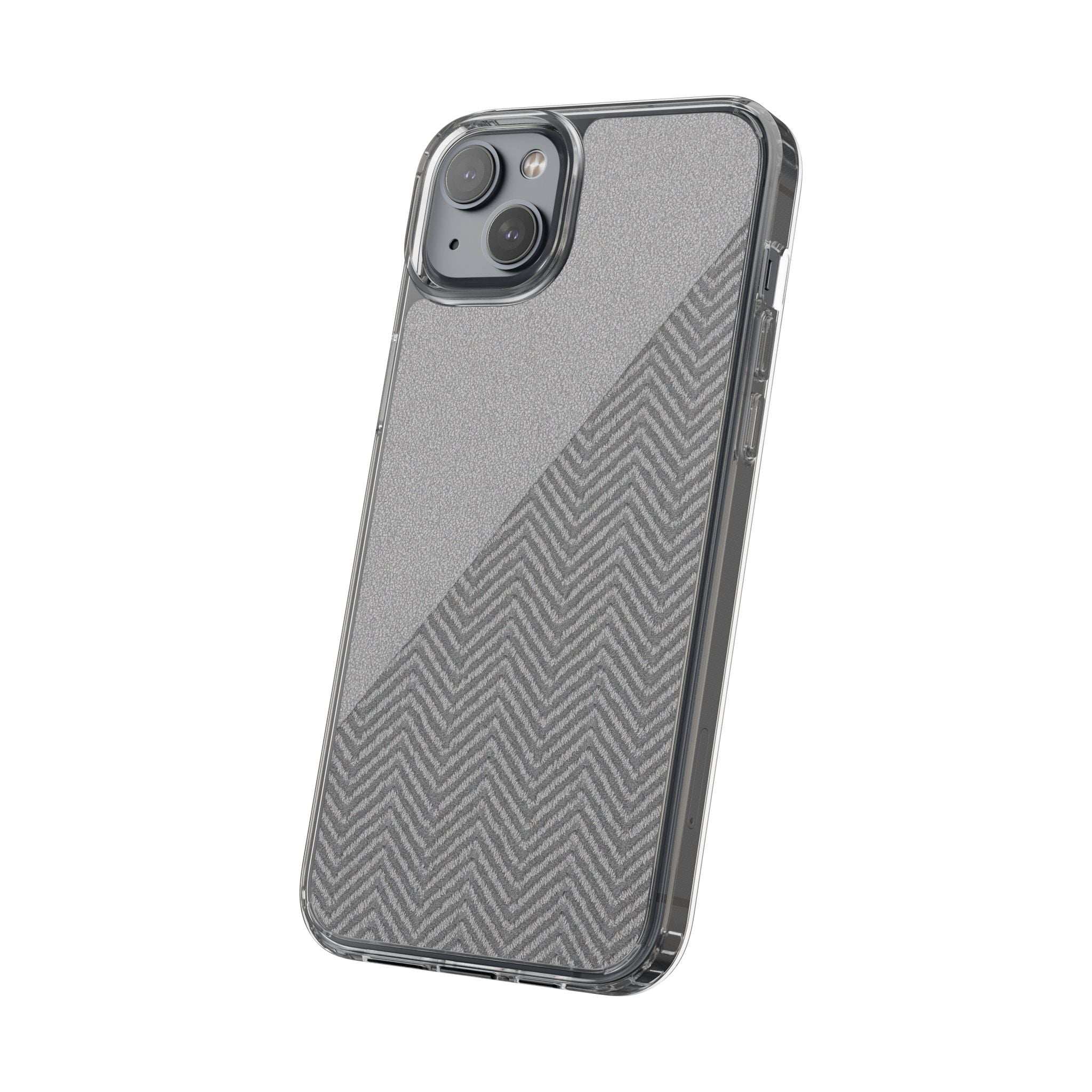 Dark herringbone tough phone case, textured gray back with herringbone stripes