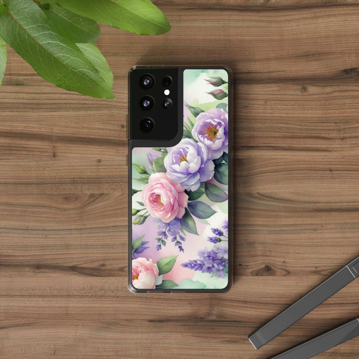 Clear floral phone case with pastel peony bouquet and leaf accents, full back view