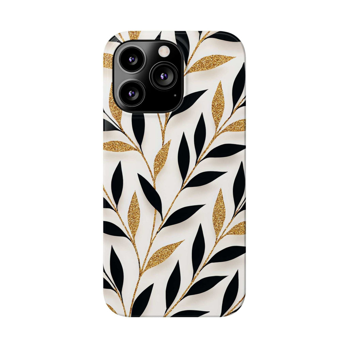 White botanical phone case with black and gold leaf design, triple camera cutouts
