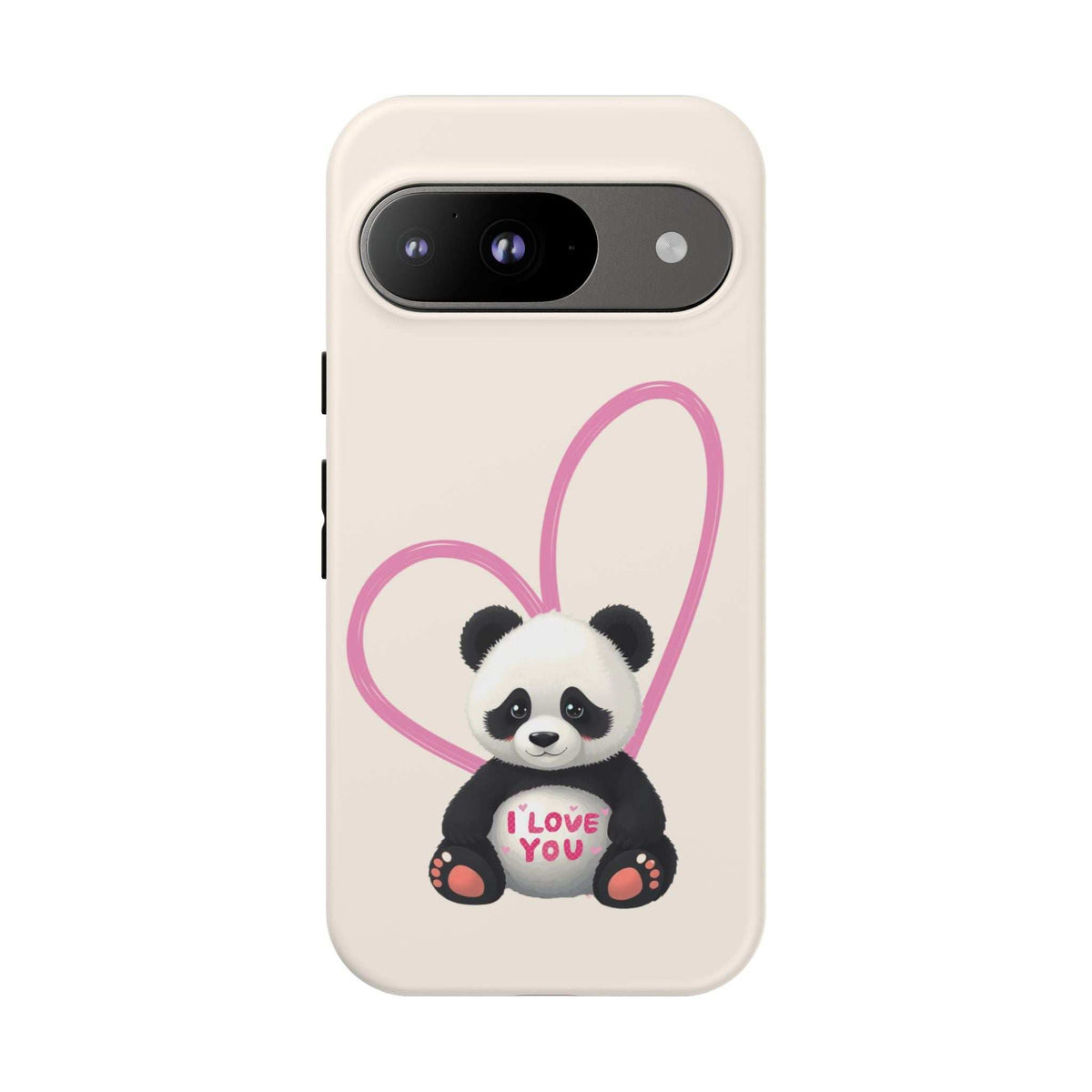 Cream protective phone case featuring a panda holding a heart with “I love you”