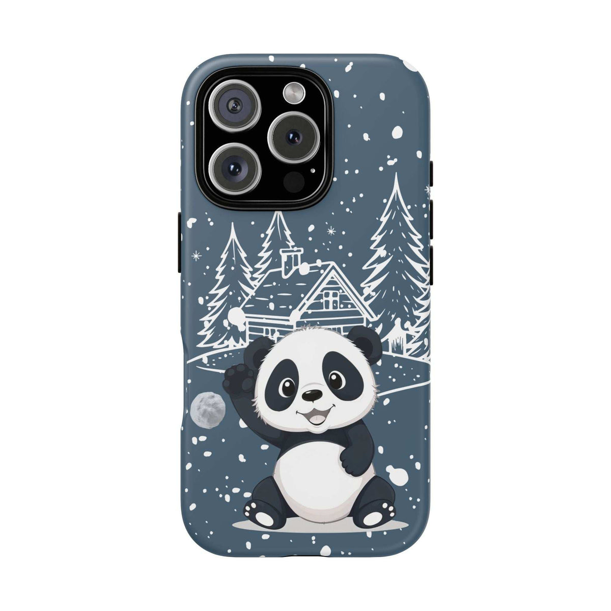 Blue phone case with panda winter design; snow dots, pine trees, and house illustration.