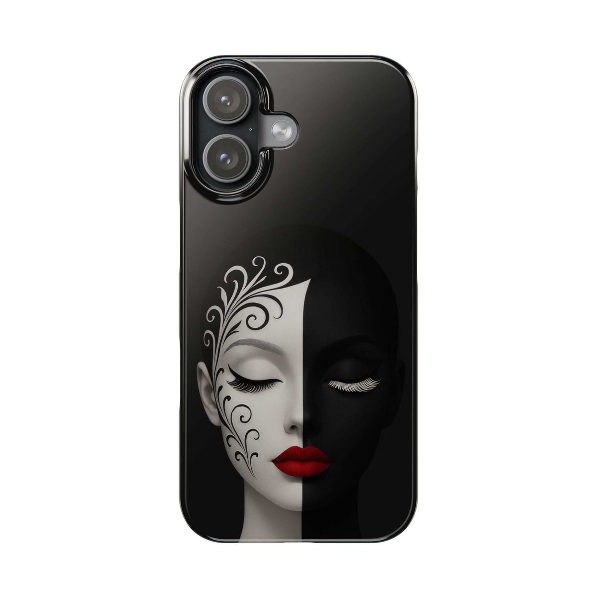 Black phone case with split-face design, closed eyes, red lips, and ornamental swirl pattern