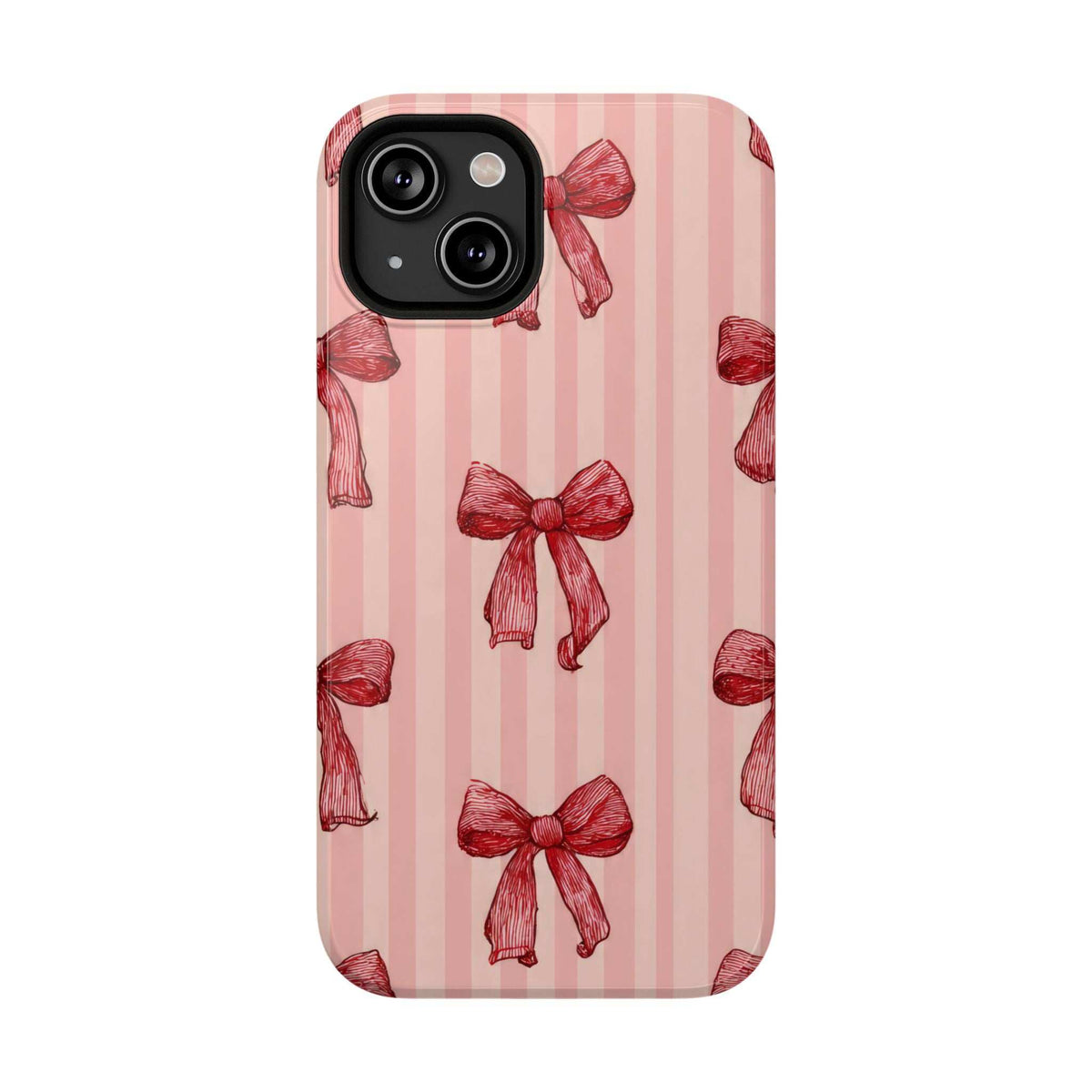 Pink phone case with red stripes and red bow prints, visible top-left camera opening